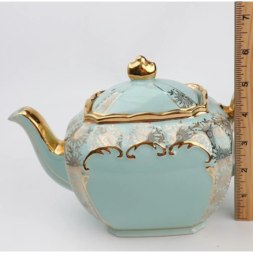 Rare SADLER Cube Teapot GREEN Gold Gilt Filigree Made in England #2085